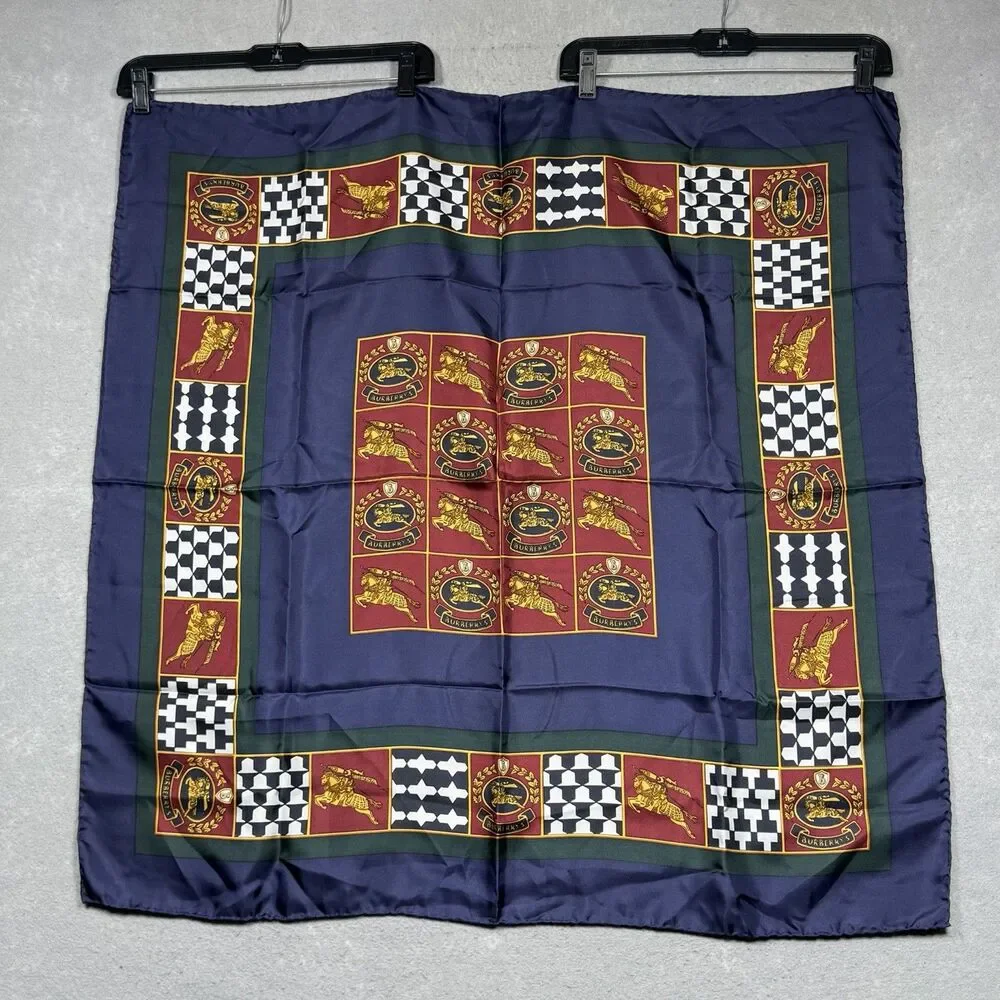 Vintage 80s 90s Burberrys Silk Twill Square Scarf Blue Red Equestrian Logo Italy
